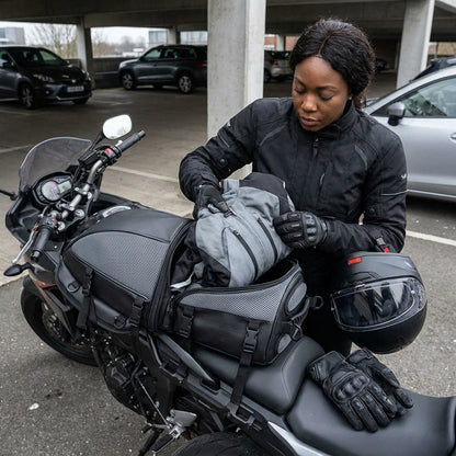 Rider packing a jacket into the waterproof motorcycle tail bag