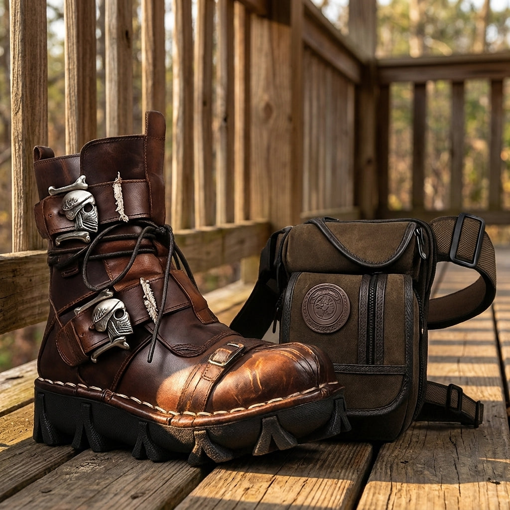 Skull leather biker boots on a porch beside the leather leg bag