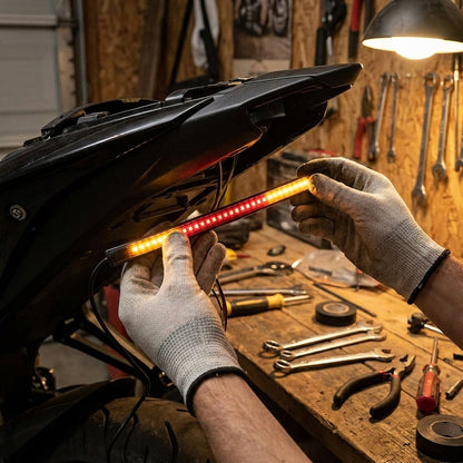 Hands installing the LED light bar under a motorcycle tail section