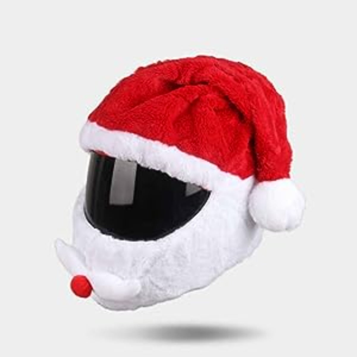 A hilarious Cool Motorcycle Helmet Cover - Santa Claus on a white background.