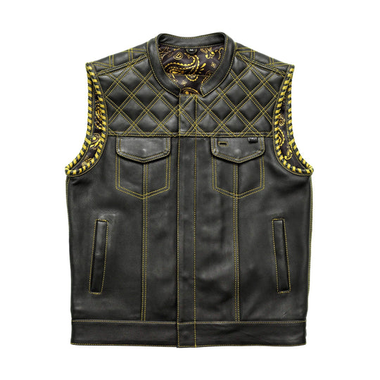 First Manufacturing Sinister - Men's Motorcycle Leather Vest, Black/Yellow