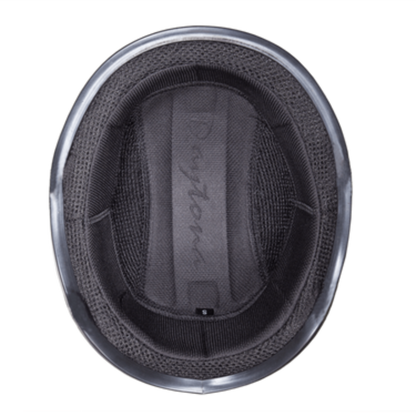Top view of the interior of a grey Daytona D.O.T Skull Cap - w/Lovesee Helmet showing cushioning and lining materials made from moisture-wicking fabric, with the brand name "Daytona" visible on the central padding.