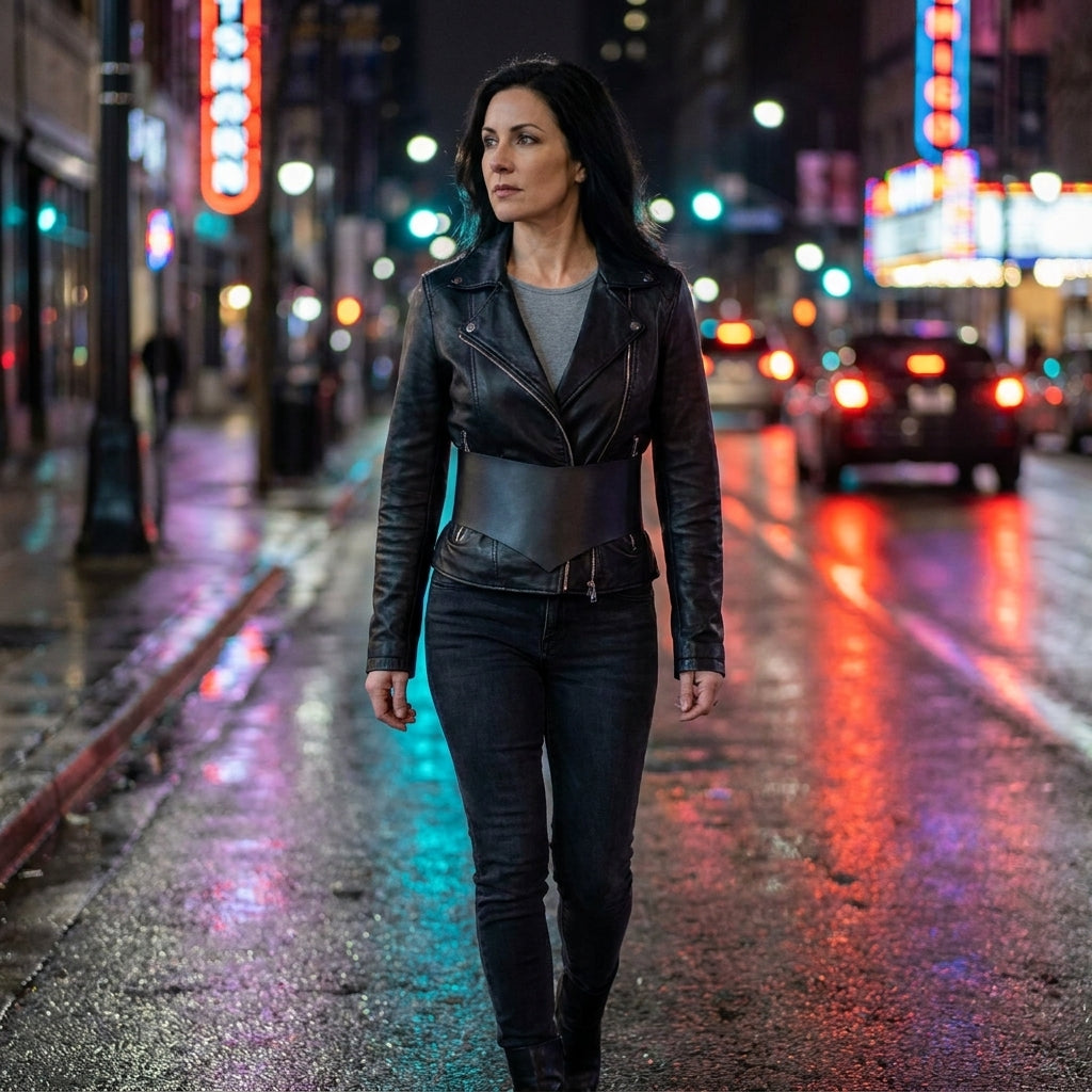 Wide black corset waist belt worn with a leather jacket on a city street