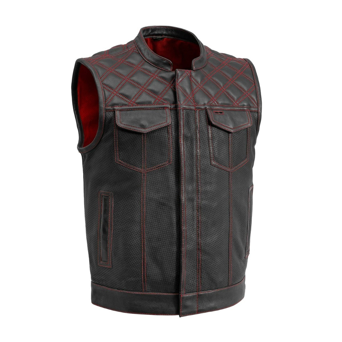 First Manufacturing Downside - Men's Motorcycle Perforated Leather Vest, Black/Red