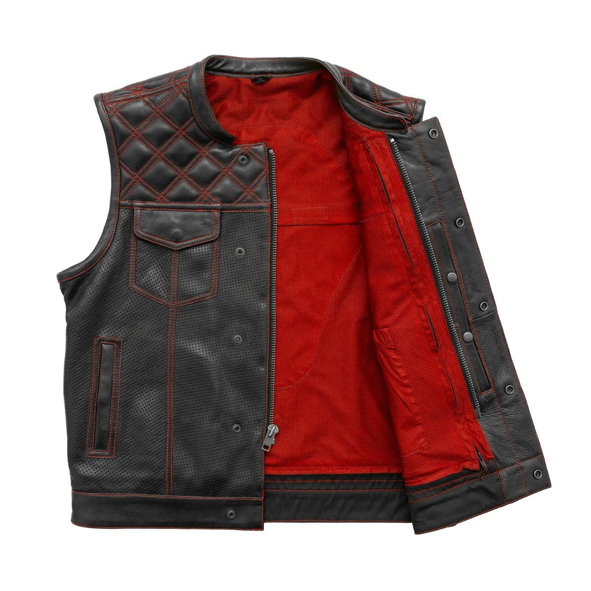 First Manufacturing Downside - Men's Motorcycle Perforated Leather Vest, Black/Red