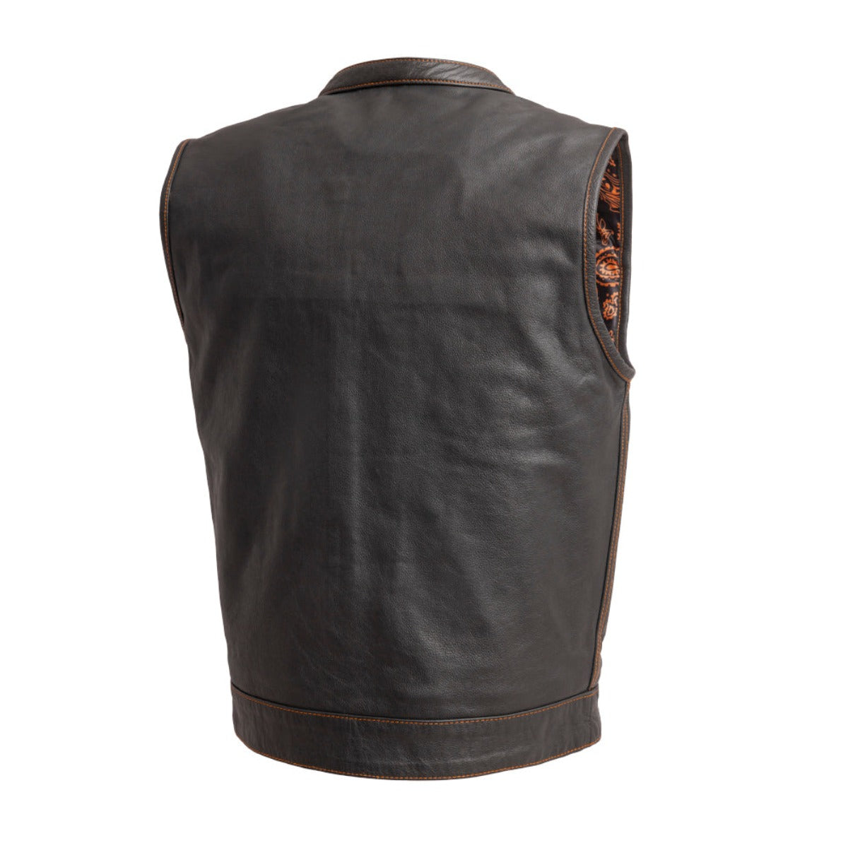 A budget-friendly alternative, the back view of a First Manufacturing Men's The Cut Motorcycle Leather Vest, Black/Orange made from milled cowhide.