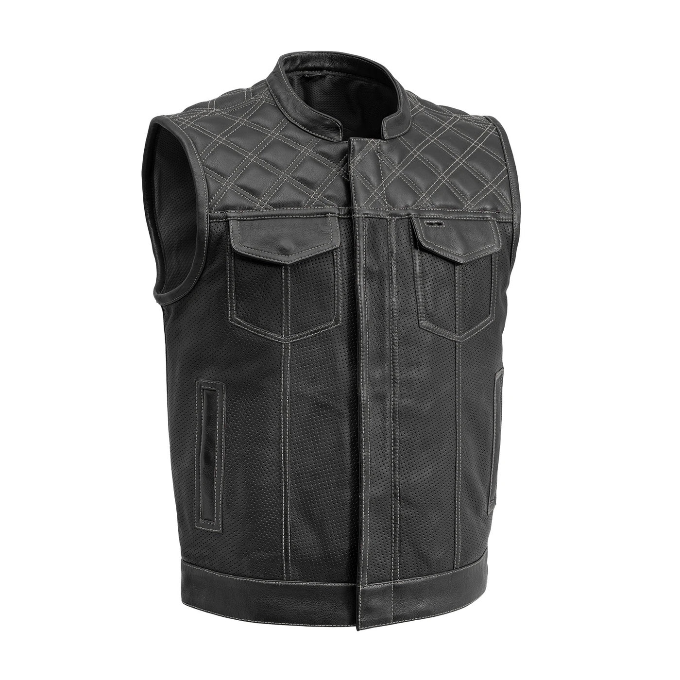 First Manufacturing Downside -  Men's Motorcycle Perforated Leather Vest, Black/Gray