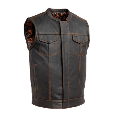 First Manufacturing Men's The Cut Motorcycle Leather Vest, Black/Orange