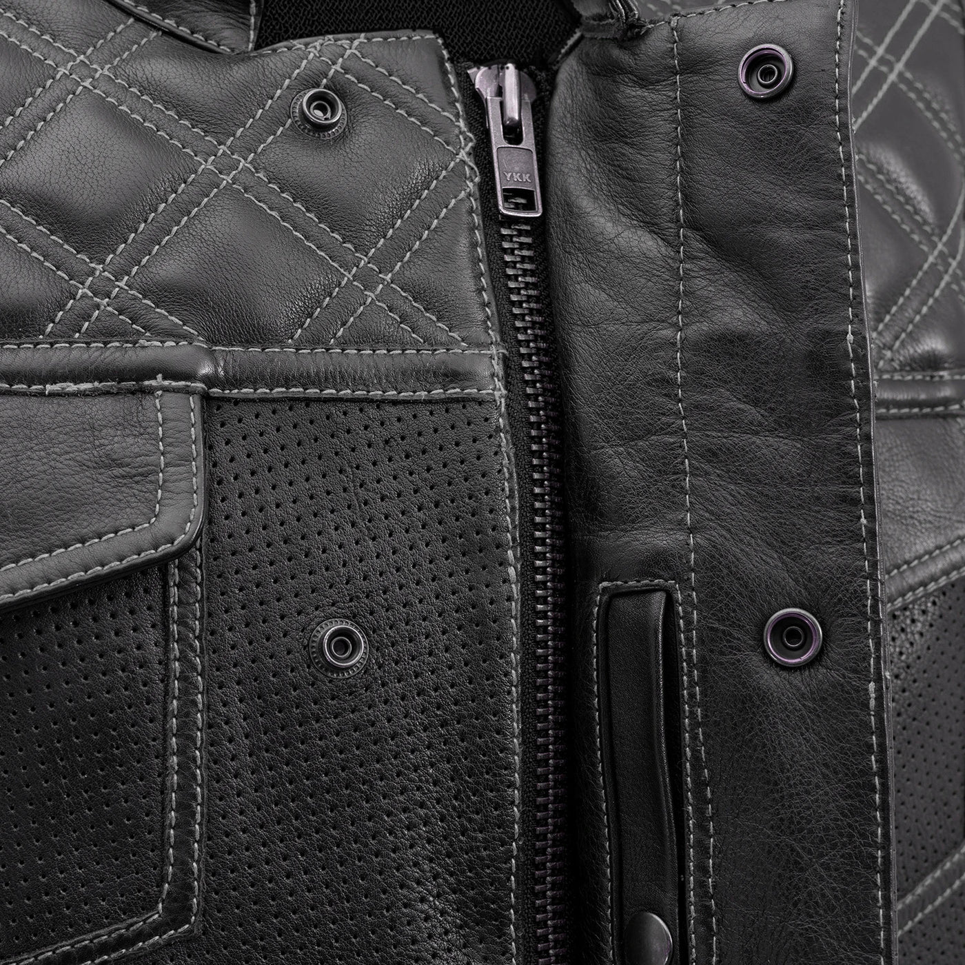 First Manufacturing Downside -  Men's Motorcycle Perforated Leather Vest, Black/Gray