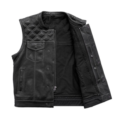 First Manufacturing Downside -  Men's Motorcycle Perforated Leather Vest, Black/Gray