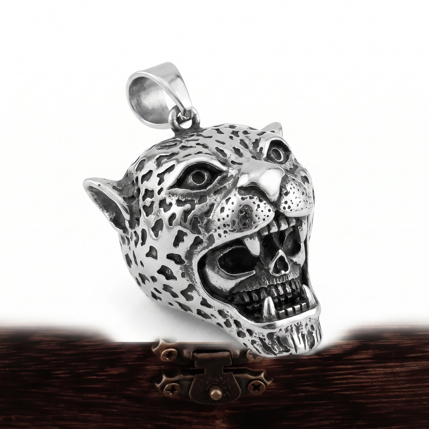 Stainless Steel Biker Ring - 316L Stainless Steel Leopard Skull Neckla