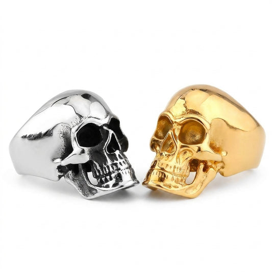 Stainless Steel Biker Ring - Gothic High Polish Skull Gold Steel Color