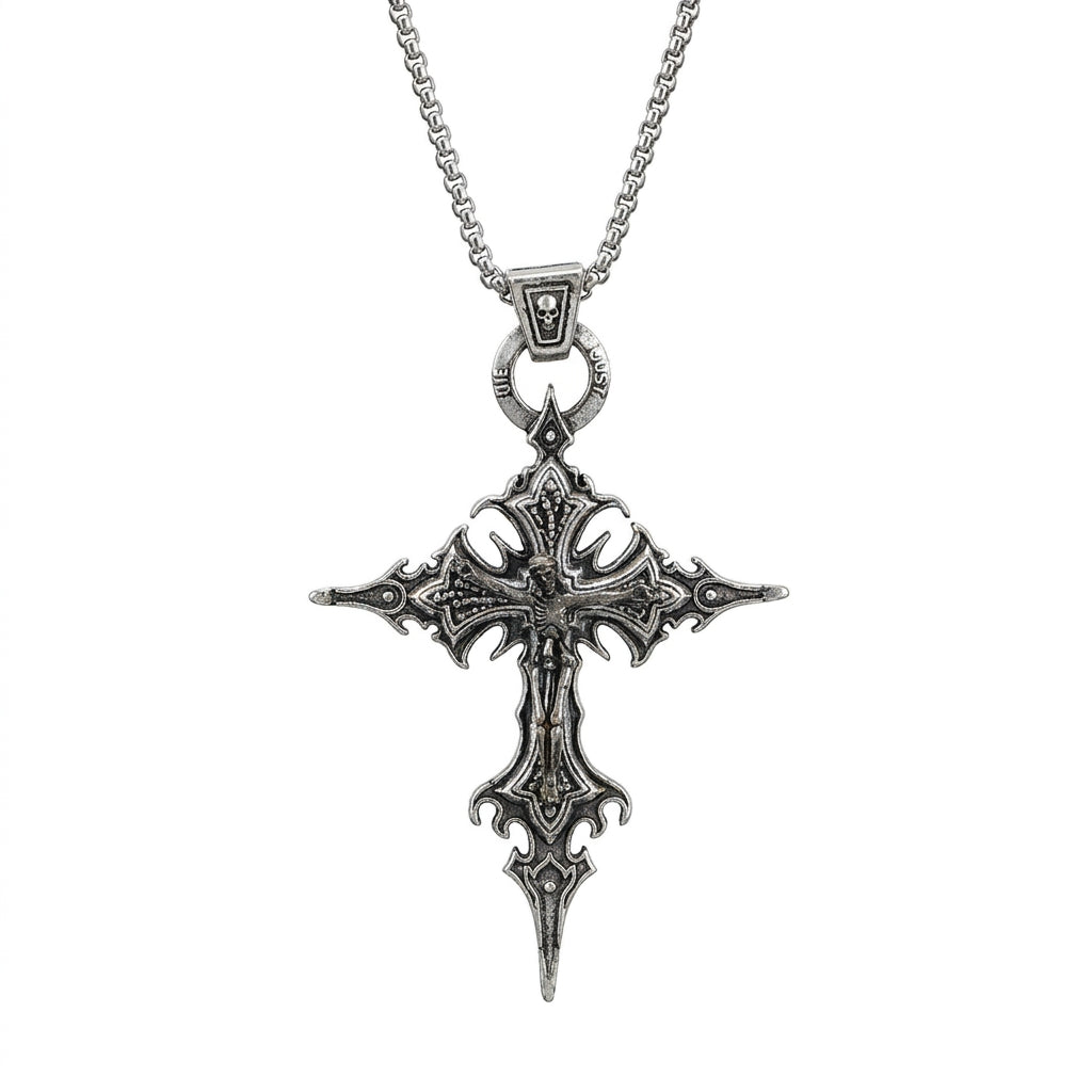 Stainless Steel Biker Ring - Vintage Gothic Skull Jesus Cross Pendant