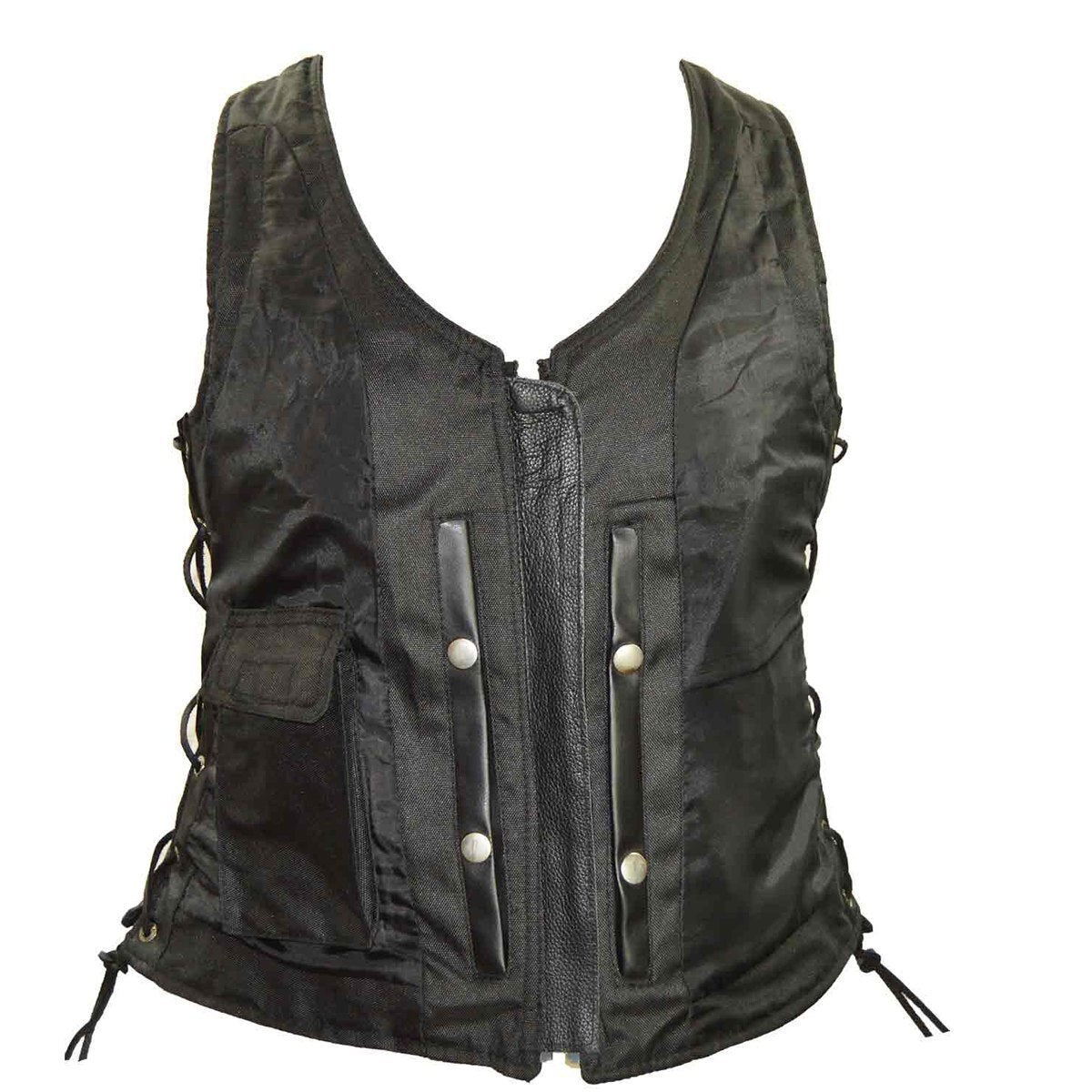 Vance Women's Lace Side Zipper Pocket Premium Cowhide Leather Biker Vest