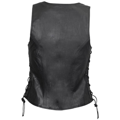 Vance Women's Lace Side Zipper Pocket Premium Cowhide Leather Biker Vest