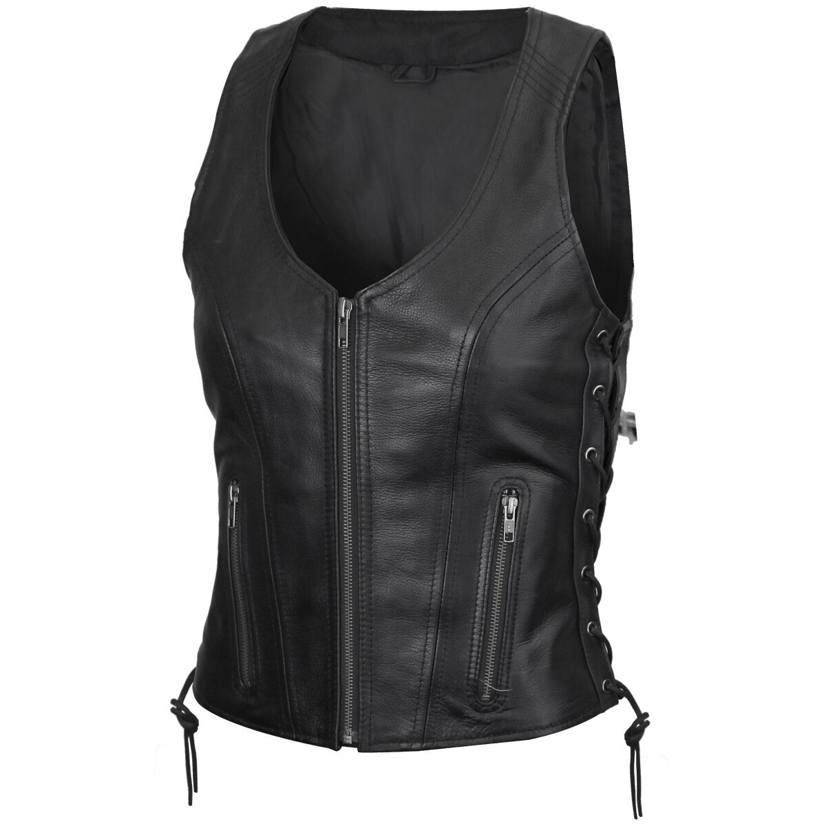 Vance Women's Lace Side Zipper Pocket Premium Cowhide Leather Biker Vest