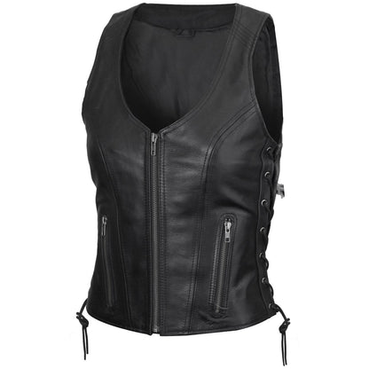 Vance Women's Lace Side Zipper Pocket Premium Cowhide Leather Biker Vest