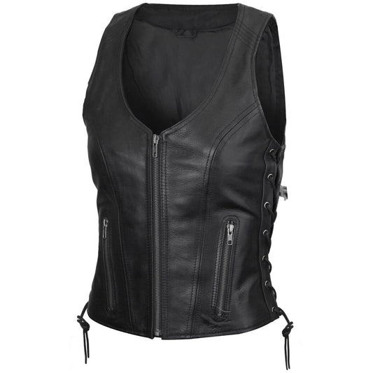 Vance Women's Lace Side Zipper Pocket Premium Cowhide Leather Biker Vest