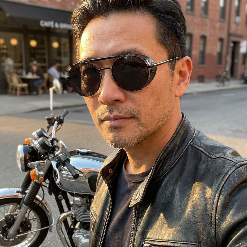 Rider wearing the retro round sunglasses beside a cafe racer