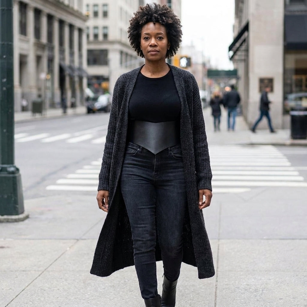 Wide black corset waist belt worn over a long knit cardigan
