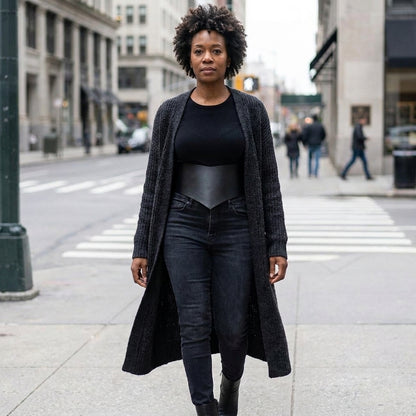 Wide black corset waist belt worn over a long knit cardigan