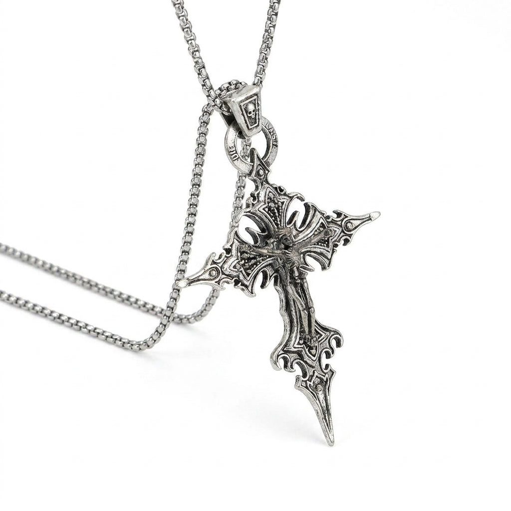 Stainless Steel Biker Ring - Vintage Gothic Skull Jesus Cross Pendant