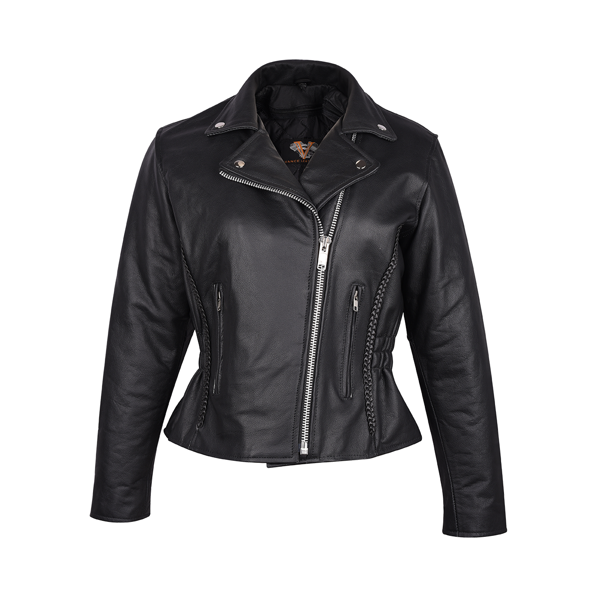 Vance Ladies Premium Cowhide Braid and Stud Motorcycle Leather Jacket