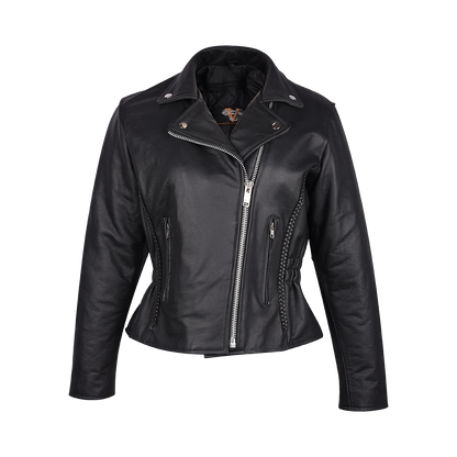 Vance Ladies Premium Cowhide Braid and Stud Motorcycle Leather Jacket
