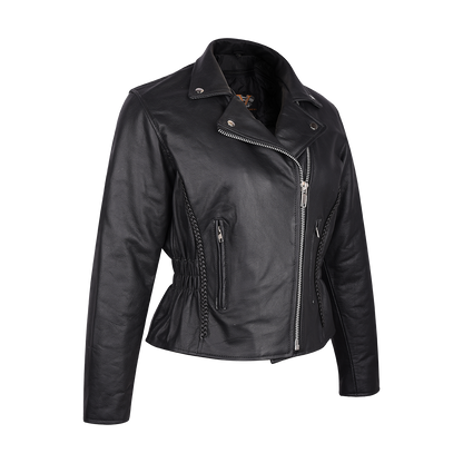 Vance Ladies Premium Cowhide Braid and Stud Motorcycle Leather Jacket