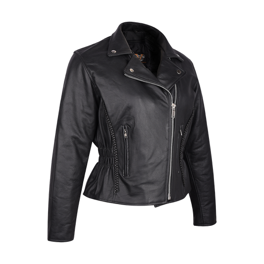 Vance Ladies Premium Cowhide Braid and Stud Motorcycle Leather Jacket