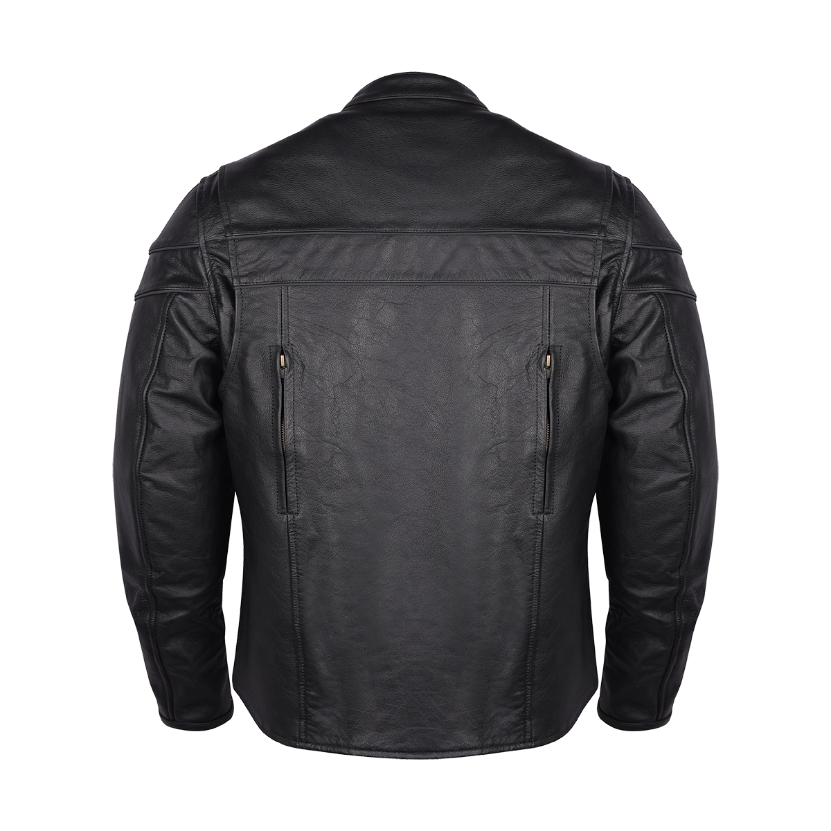 The Vance Leather Men's Racer Jacket with Zippered Vents is displayed from the back, showcasing intricate stitched details, vertical zippers on either side of the back panel, and a Euro Style Collar for a sleek finish.