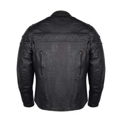 The Vance Leather Men's Racer Jacket with Zippered Vents is displayed from the back, showcasing intricate stitched details, vertical zippers on either side of the back panel, and a Euro Style Collar for a sleek finish.