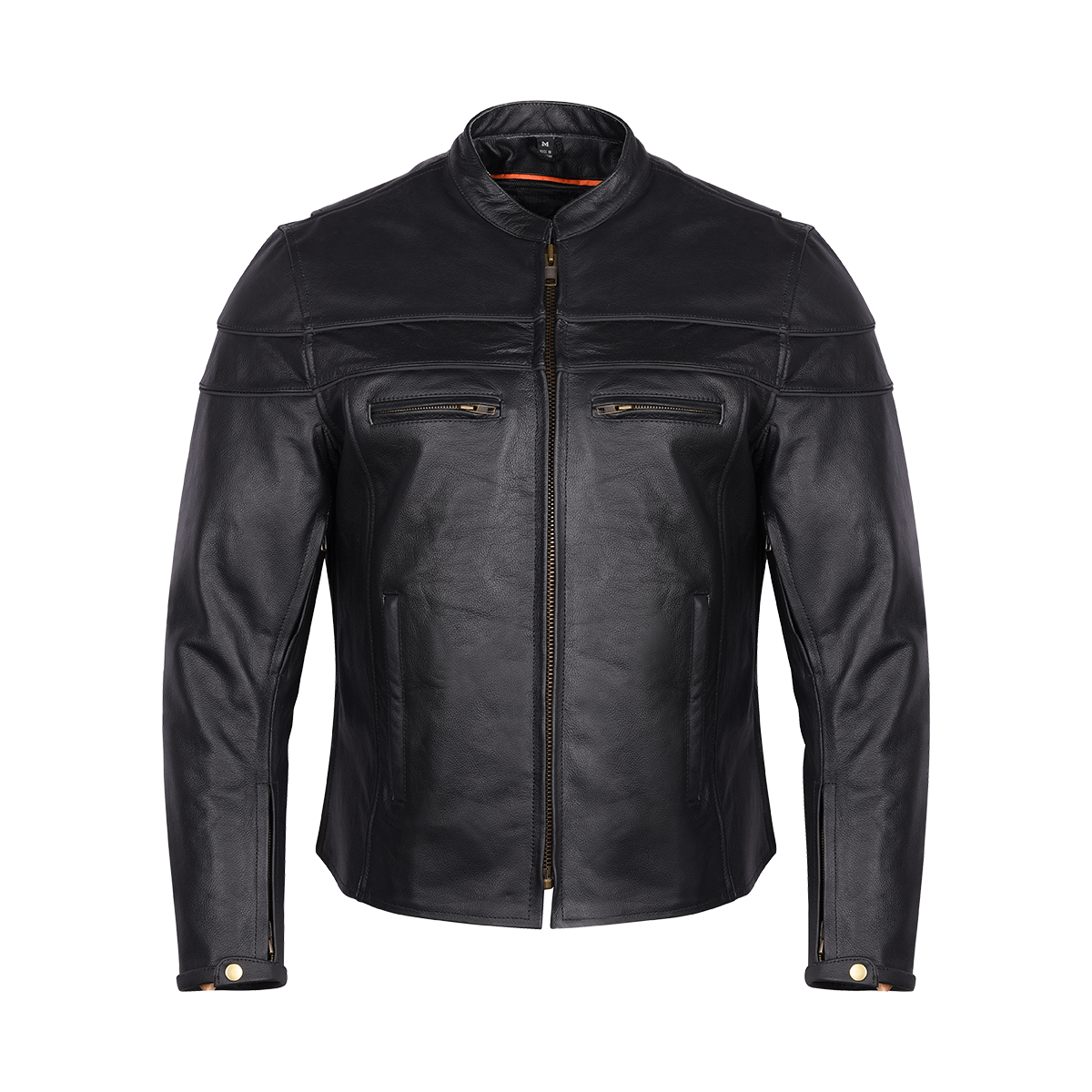 Front view of the Vance Leather Men's Racer Jacket with a Euro Style Collar, zippered front, and zippered chest pockets.