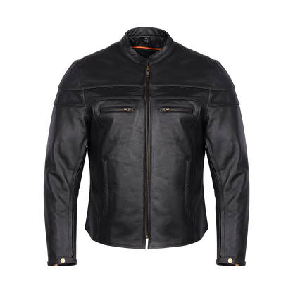 Front view of the Vance Leather Men's Racer Jacket with a Euro Style Collar, zippered front, and zippered chest pockets.