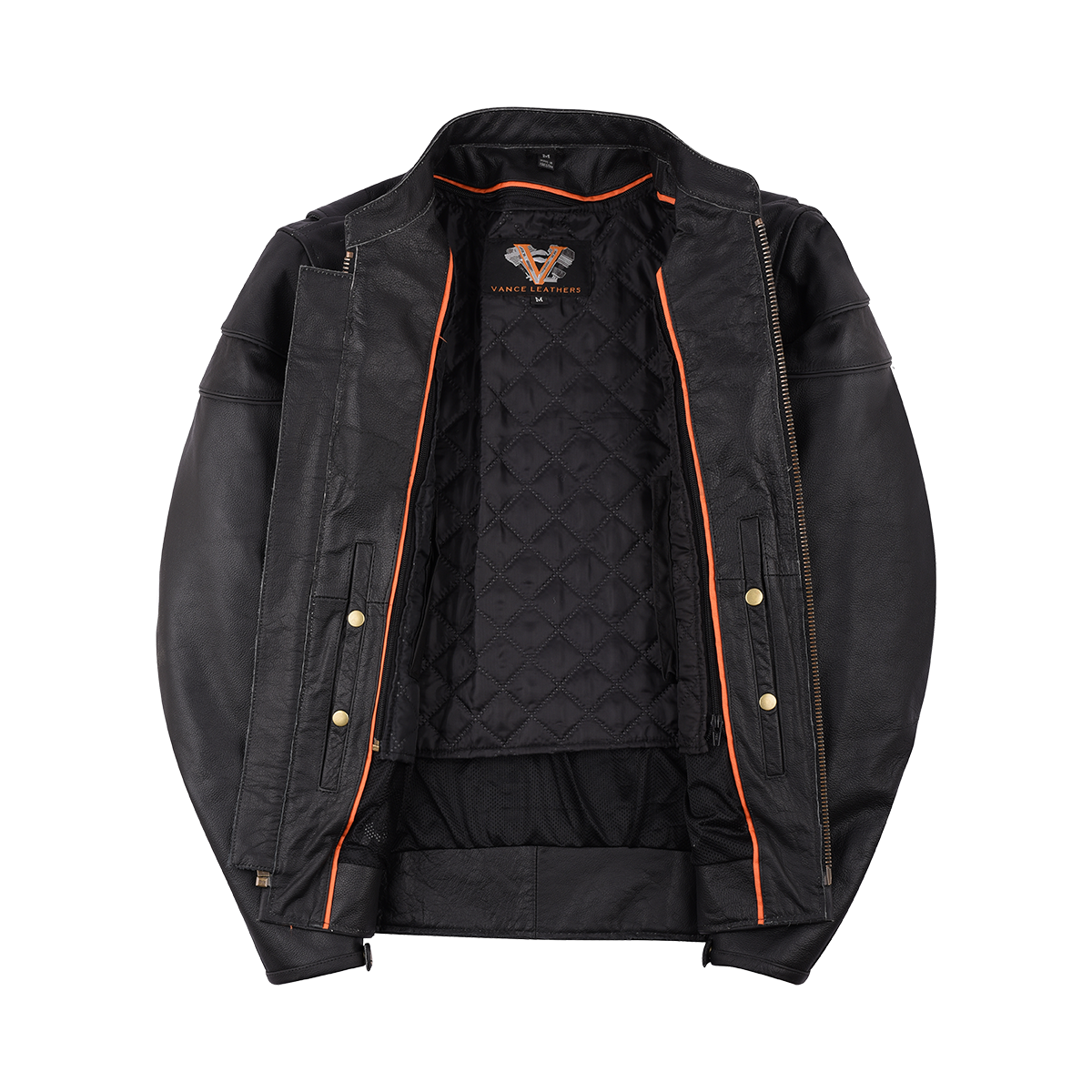 The Vance Leather Men's Racer Jacket with Zippered Vents features an open front, black leather design with zip pockets and a quilted interior liner, showcased from the front. The jacket includes both zippered and buttoned closures, an Euro Style Collar, and orange trim details.