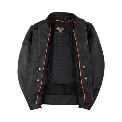 The Vance Leather Men's Racer Jacket with Zippered Vents features an open front, black leather design with zip pockets and a quilted interior liner, showcased from the front. The jacket includes both zippered and buttoned closures, an Euro Style Collar, and orange trim details.