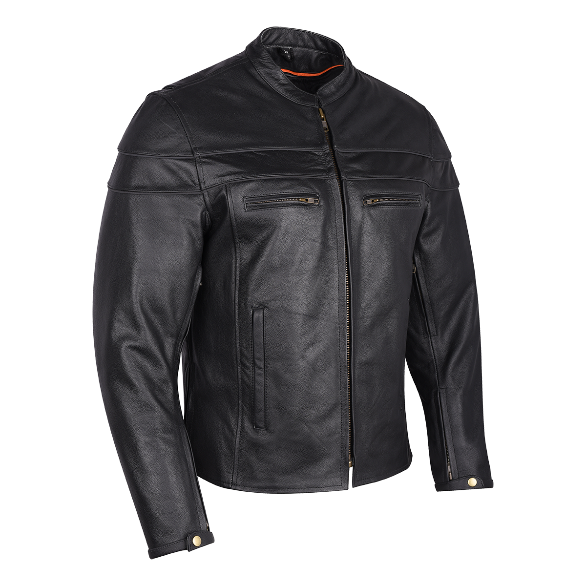 The Vance Leather Men's Racer Jacket with Zippered Vents features a Euro Style Collar, front zipper closure, and zip pockets located on the chest and sides.