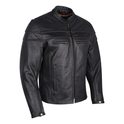 The Vance Leather Men's Racer Jacket with Zippered Vents features a Euro Style Collar, front zipper closure, and zip pockets located on the chest and sides.