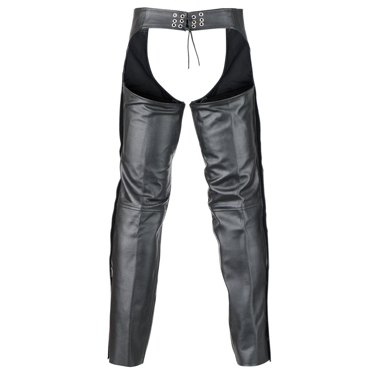 The Vance Women's Deep Pocket Motorcycle Leather Chaps are a pair of black leather chaps featuring a cutout design, eyelet lace detailing at the waistband, and an adjustable waist for a perfect fit.