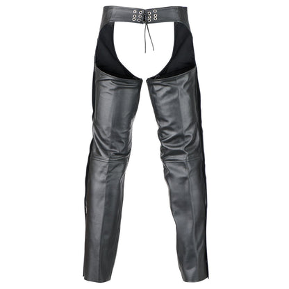 The Vance Women's Deep Pocket Motorcycle Leather Chaps are a pair of black leather chaps featuring a cutout design, eyelet lace detailing at the waistband, and an adjustable waist for a perfect fit.