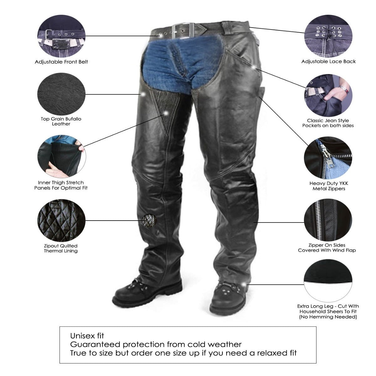 The Vance Zip-Out Insulation Pant Style Motorcycle Leather Chaps offer unisex leather pants with features such as an adjustable front belt, lace back, buffalo leather, stretch panels, heavy-duty zippers, quilted lining, extra-long legs for trimming, and convenient zip-out insulation for versatility.