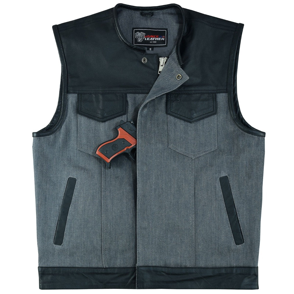 A Vance Leather Men's Denim & Leather Motorcycle Vest w/CCW Pockets, featuring a sleeveless gray and black club-style design with a concealed carry pocket, is shown with a small handgun partially tucked into an inside chest pocket.