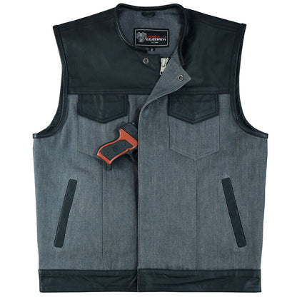 A Vance Leather Men's Denim & Leather Motorcycle Vest w/CCW Pockets, featuring a sleeveless gray and black club-style design with a concealed carry pocket, is shown with a small handgun partially tucked into an inside chest pocket.