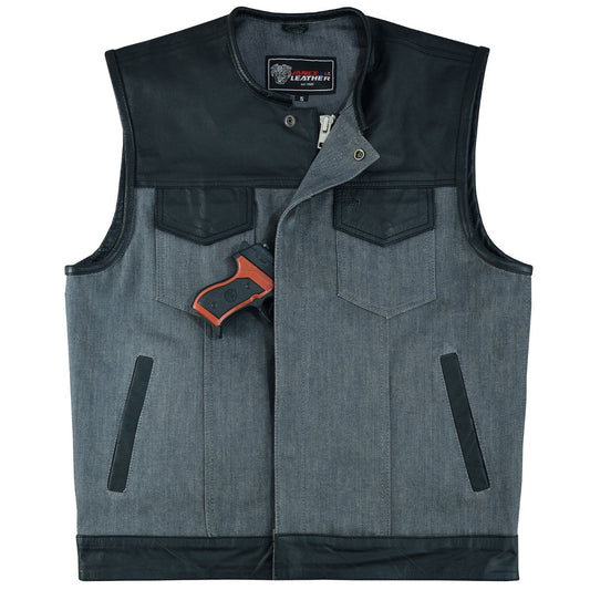 A Vance Leather Men's Denim & Leather Motorcycle Vest w/CCW Pockets, featuring a sleeveless gray and black club-style design with a concealed carry pocket, is shown with a small handgun partially tucked into an inside chest pocket.