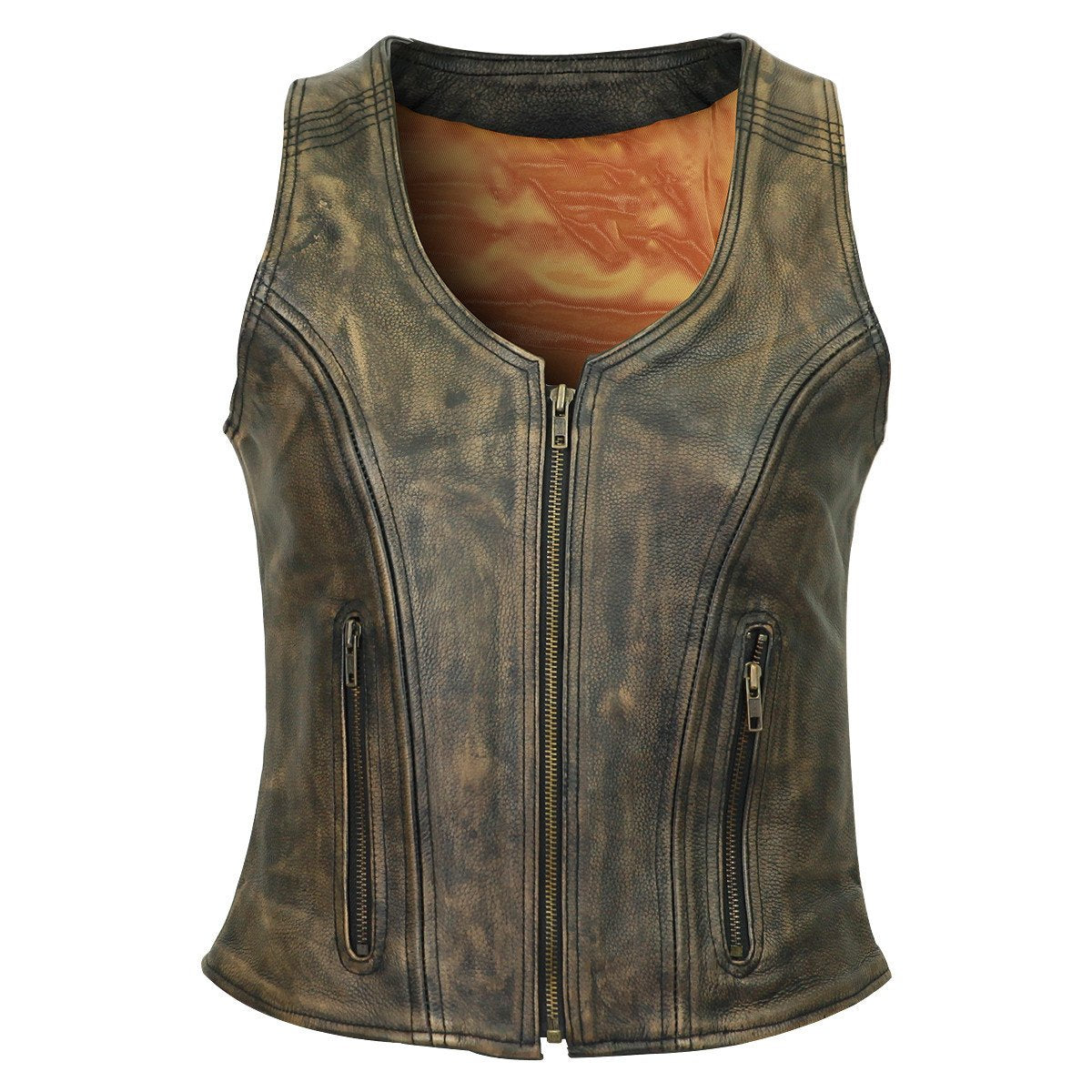 Vance High Mileage Women's Distressed Brown Three-Zipper Cowhide Leather Vest