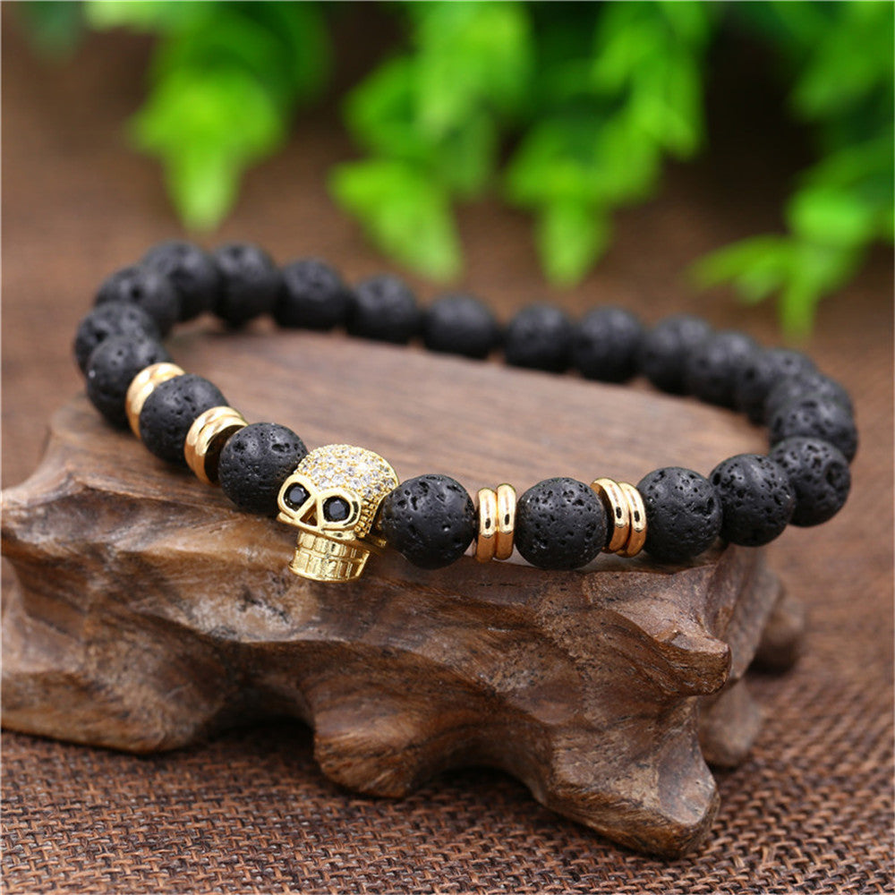 A Skull Bracelet for Bikers, 8 in with black lava beads.