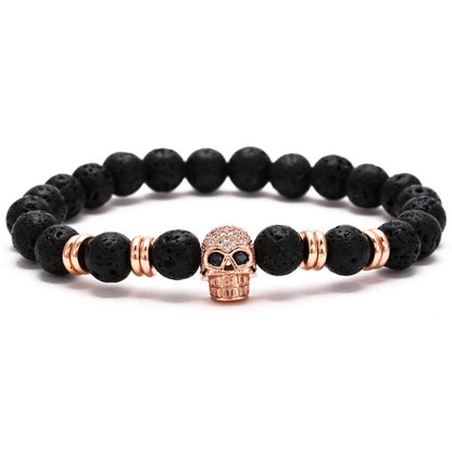 A black and rose gold Skull Bracelet for Bikers, 8 in.