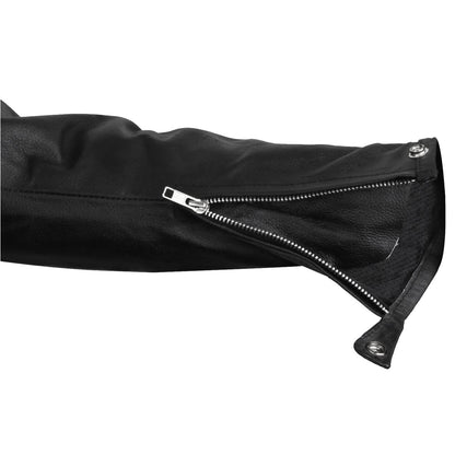 Close-up of a sleeve from the Vance Leather Men's Racer Jacket with Zippered Vents, showcasing black leather and a silver zipper partially unzipped to reveal a quilted liner inside. The sleeve ends with a snap button.