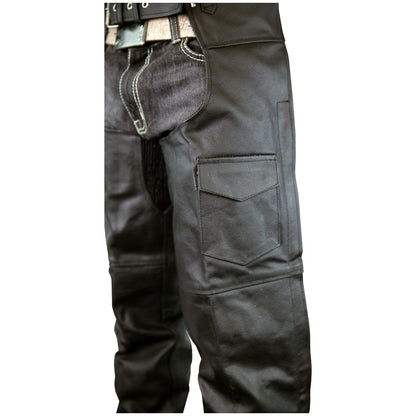 Close-up of a person wearing Vance Leather Zip-Out Insulated and Lined Plain Biker Leather Chaps, Unisex, featuring visible pockets and detailed stitching. The chaps are paired with a belt, and a portion of a black jacket is visible at the top.