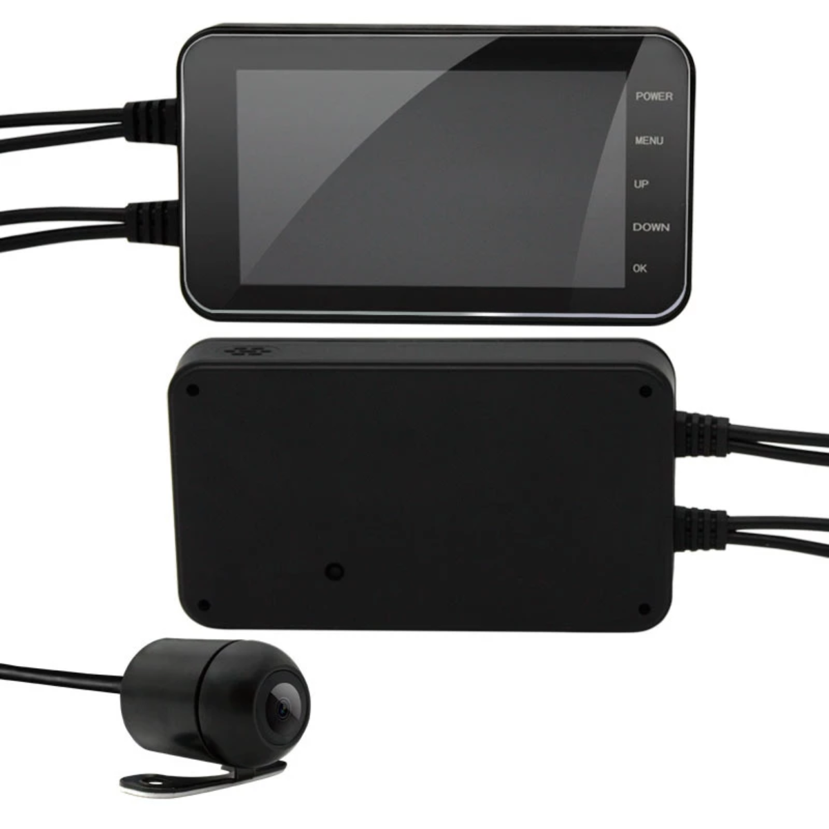 A compact and lightweight Motorcycle Dual Lens Dash Camera Video Recorder 4 Inch HD 1080P with a water-resistant housing.